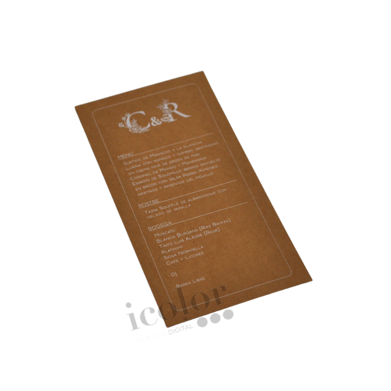Minuta para boda papel kraft impresa en tinta blanca