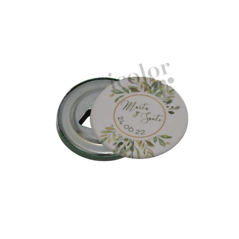 Abre botella personalizado para detalle de boda estampado hojas.