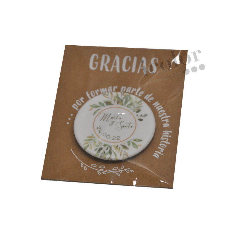 Chapa de boda personalizada con detalle de hojas