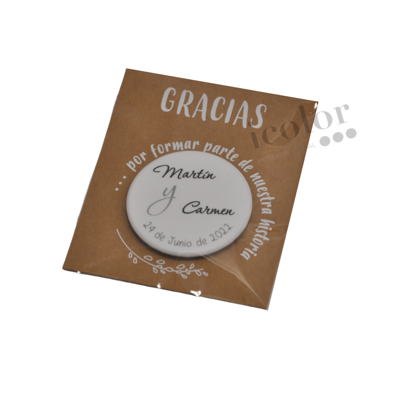 Chapa de boda con packaging iridiscente.