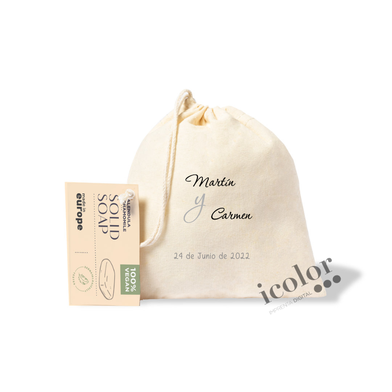Jabón de camomila y manzanilla detalle para boda, con bolsa de algodón estampada a color