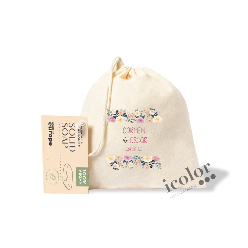 Jabón de camomila y manzanilla detalle para boda, con bolsa de algodón estampada a color