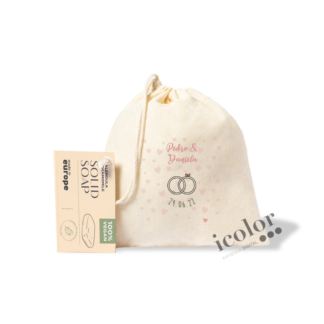 Jabón de camomila y manzanilla detalle para boda, con bolsa de algodón estampada a color