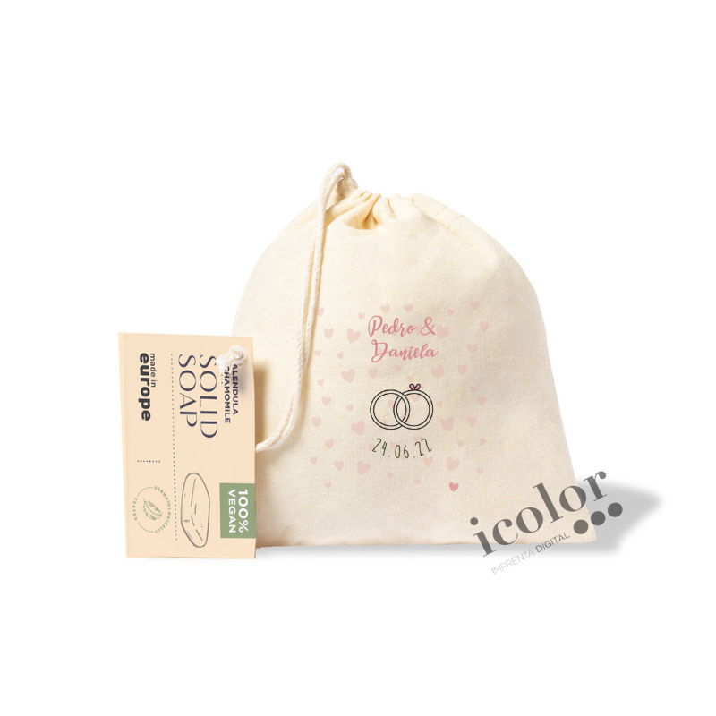 Jabón de camomila y manzanilla detalle para boda, con bolsa de algodón estampada a color