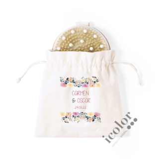 Cepillo exfoliante para detalle de boda con bolsa estampada a juego con tus invitaciones de boda