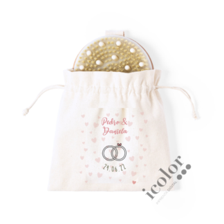 Cepillo exfoliante para detalle de boda con bolsa a juego estampada de algodón