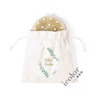 Cepillo exfoliante detalle de boda ramas, con bolsa estampada a juego