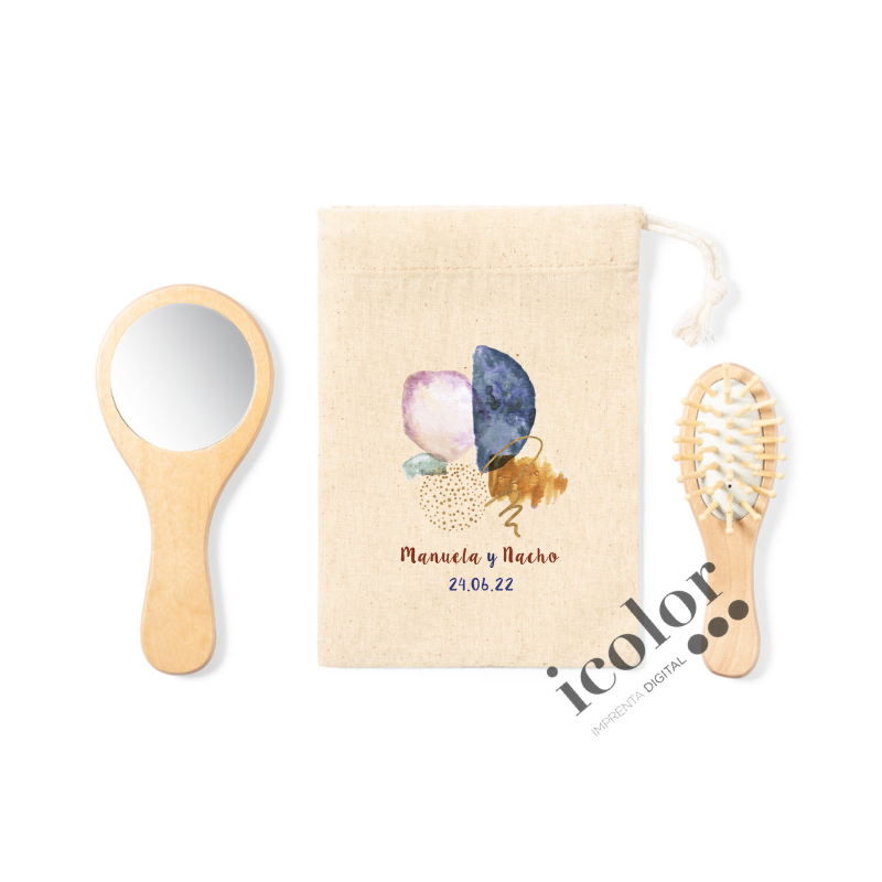Set de cepillo y espejo estampado personalizado para detalle de boda