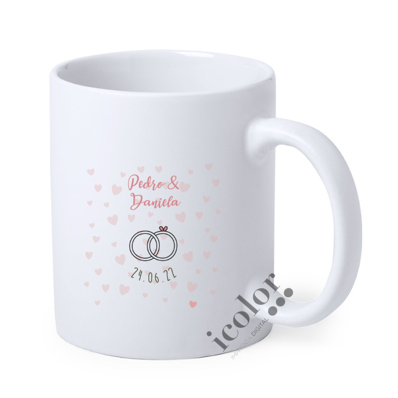 taza de cerámica para detalle de boda con datos enlace